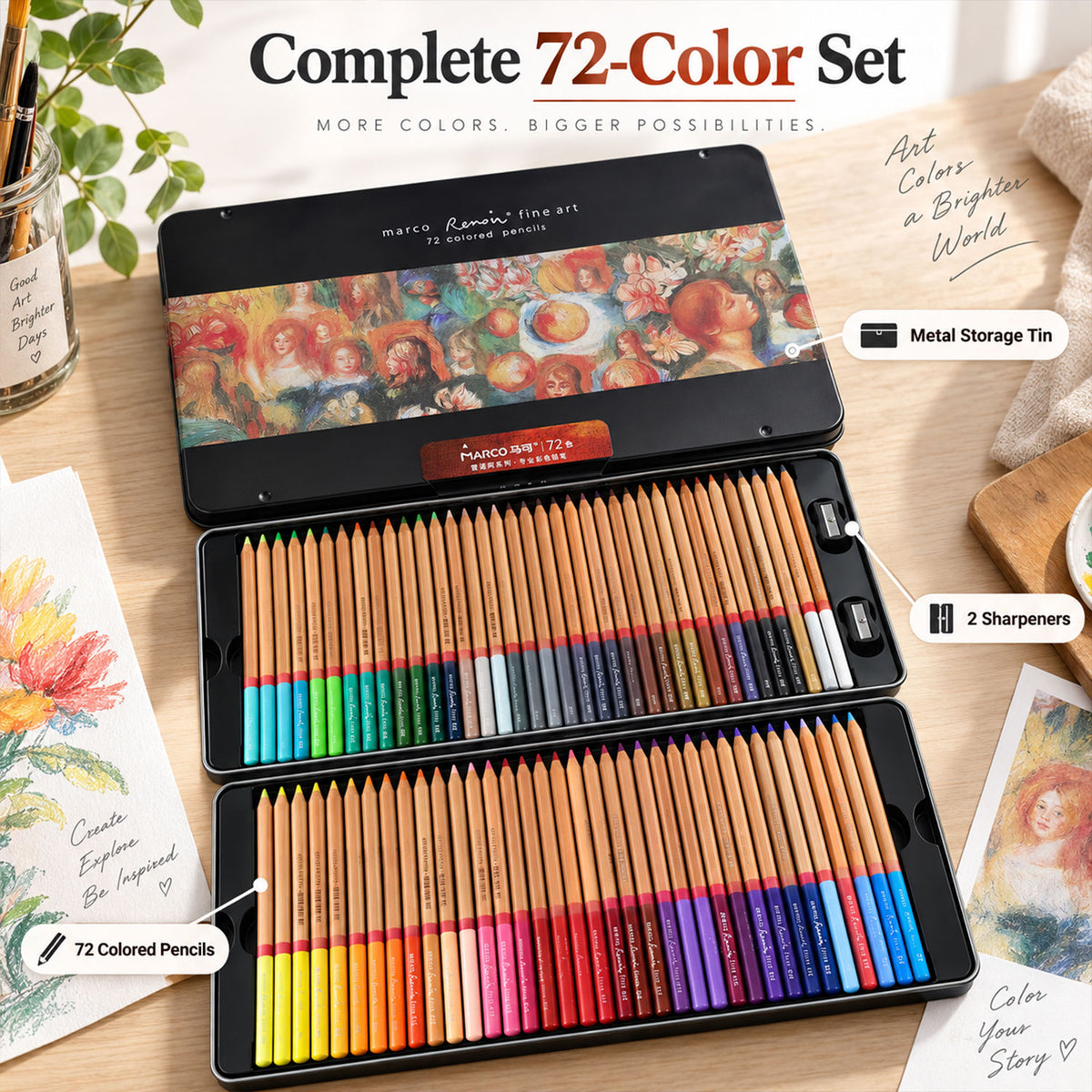 An open black metal tin contains 72 colored pencils and two sharpeners, with a small painting and art supplies nearby.