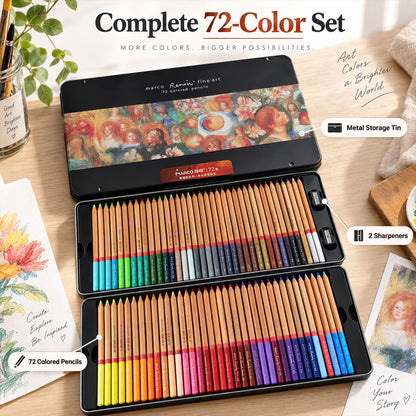 An open black metal tin contains 72 colored pencils and two sharpeners, with a small painting and art supplies nearby.