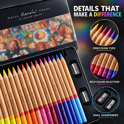 Close-up of vibrant colored pencils in a black tin, showcasing precision tips, rich colors, and dual sharpeners.