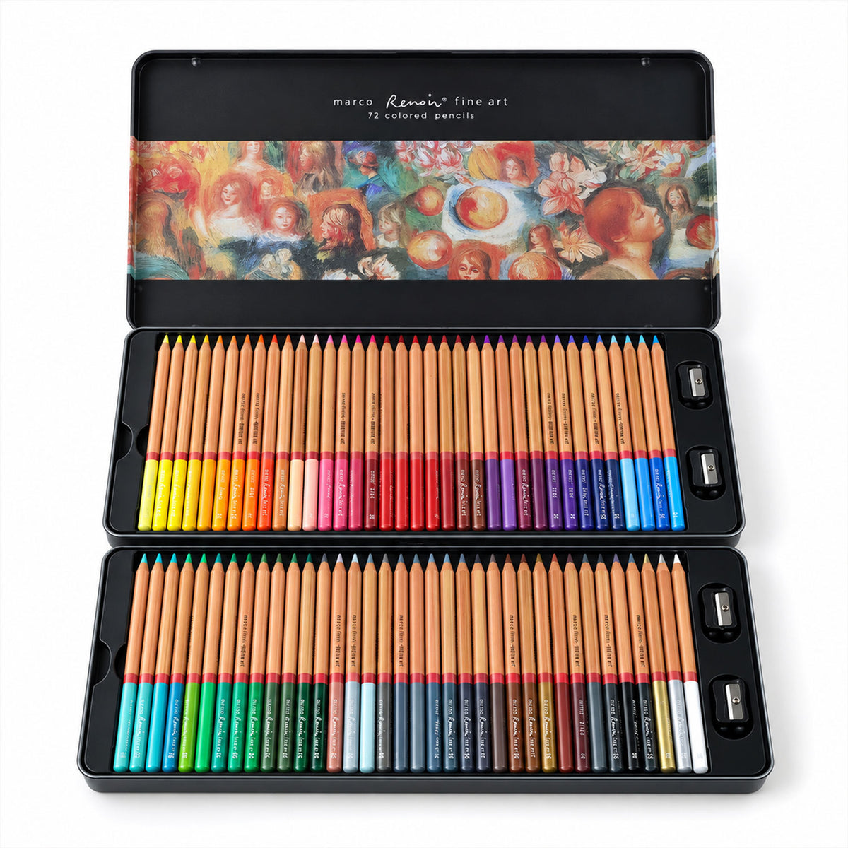 An open black metal tin displays 72 colored pencils in two organized trays on a clean white background.