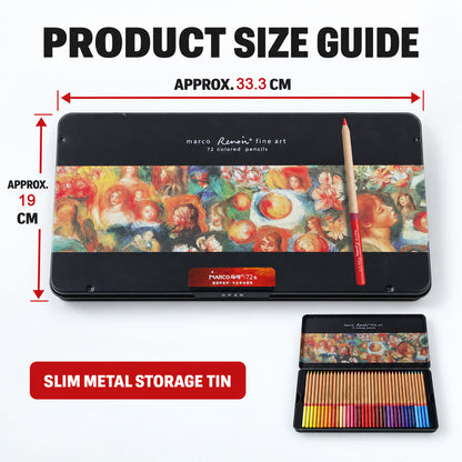 A closed black metal tin with a red pencil on top, showing its dimensions of 33.3 cm by 19 cm.