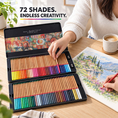 A person's hand selects a pencil from an open 72-piece colored pencil tin while another hand draws a landscape.