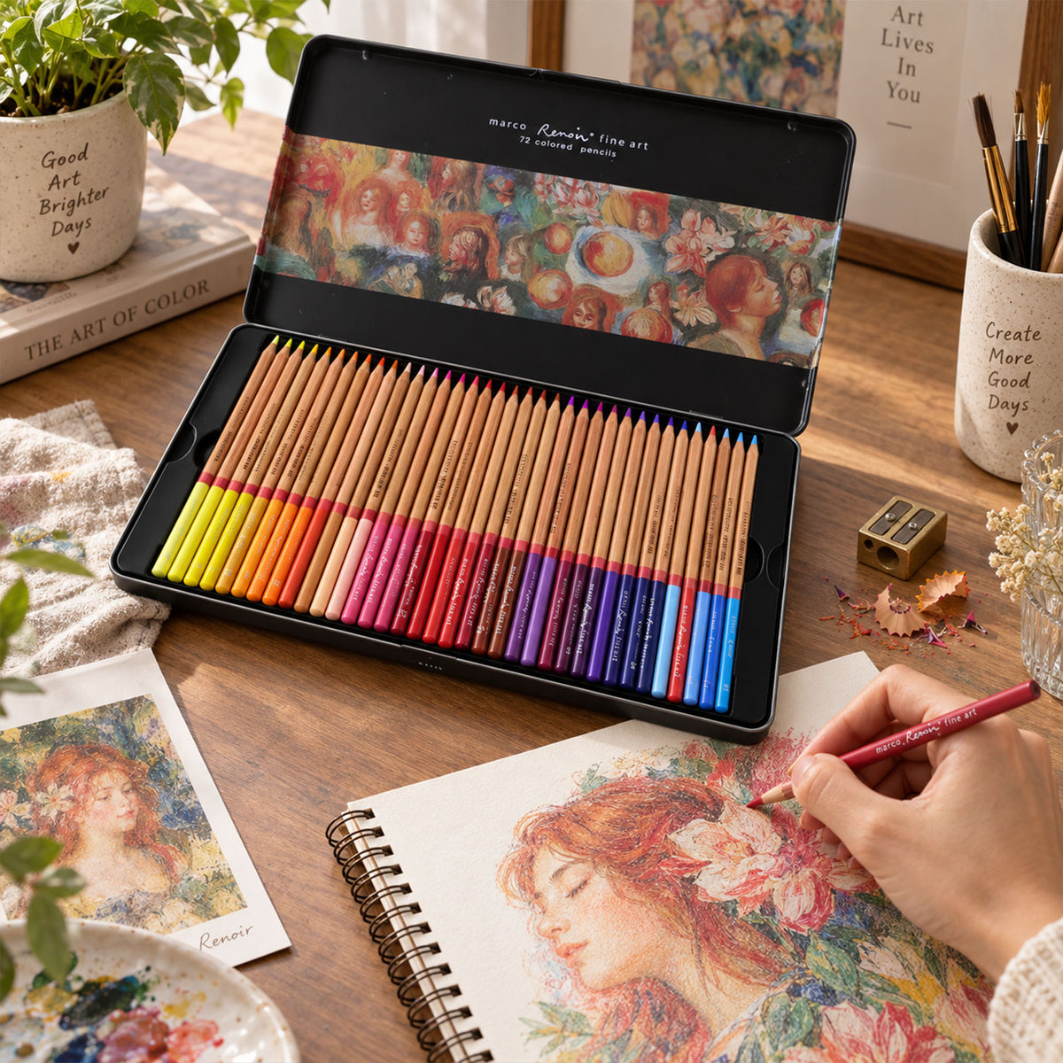 A person draws a portrait with a red pencil, next to an open tin of 72 colored pencils and art supplies on a wooden table.