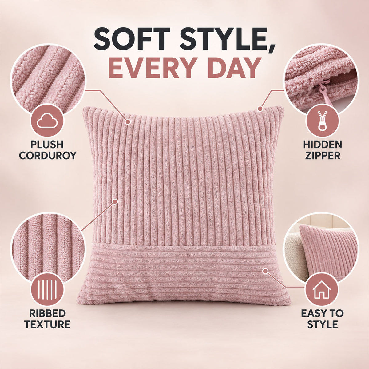 Plush corduroy pillow cover with hidden zipper and ribbed texture