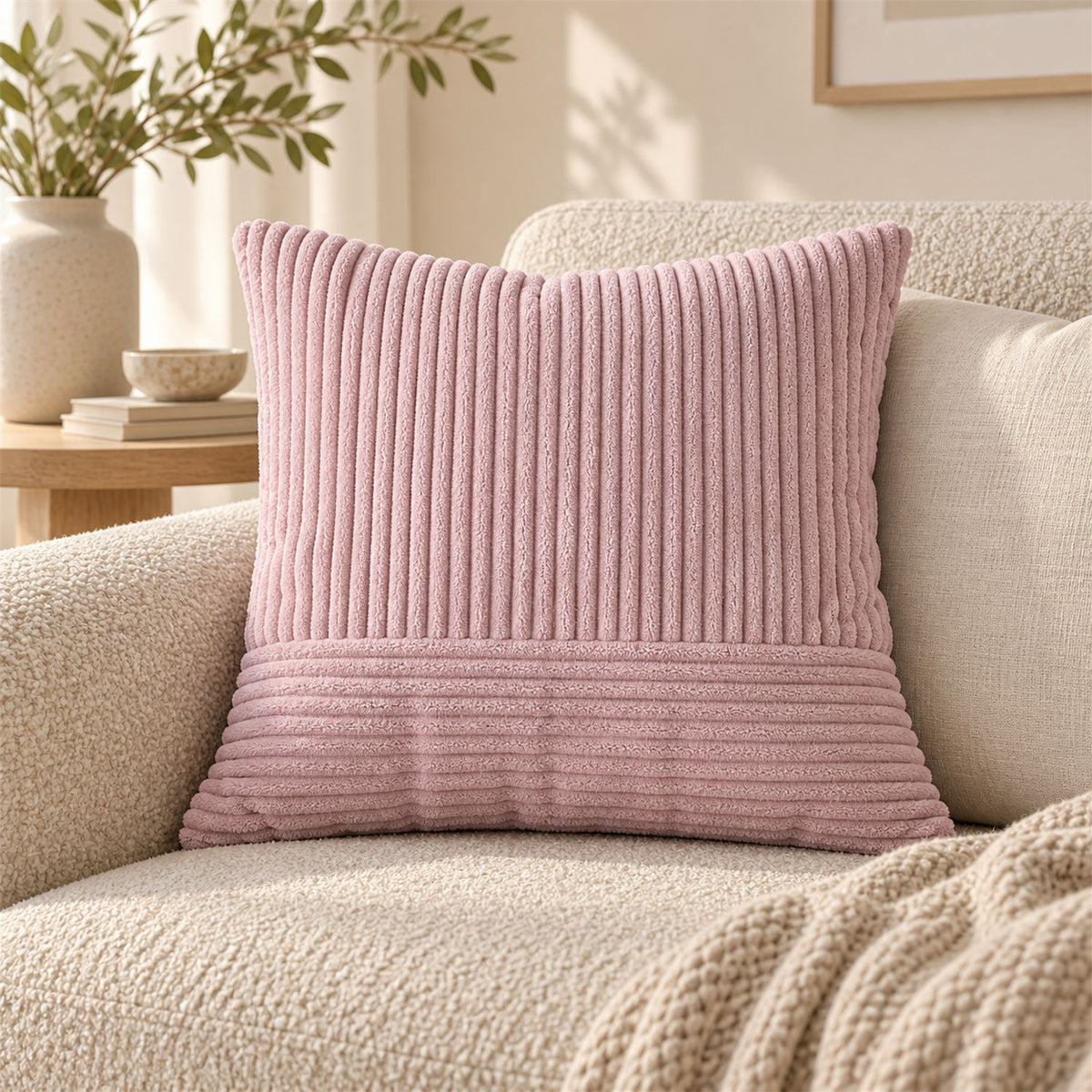 Soft pink decorative pillow cover on armchair