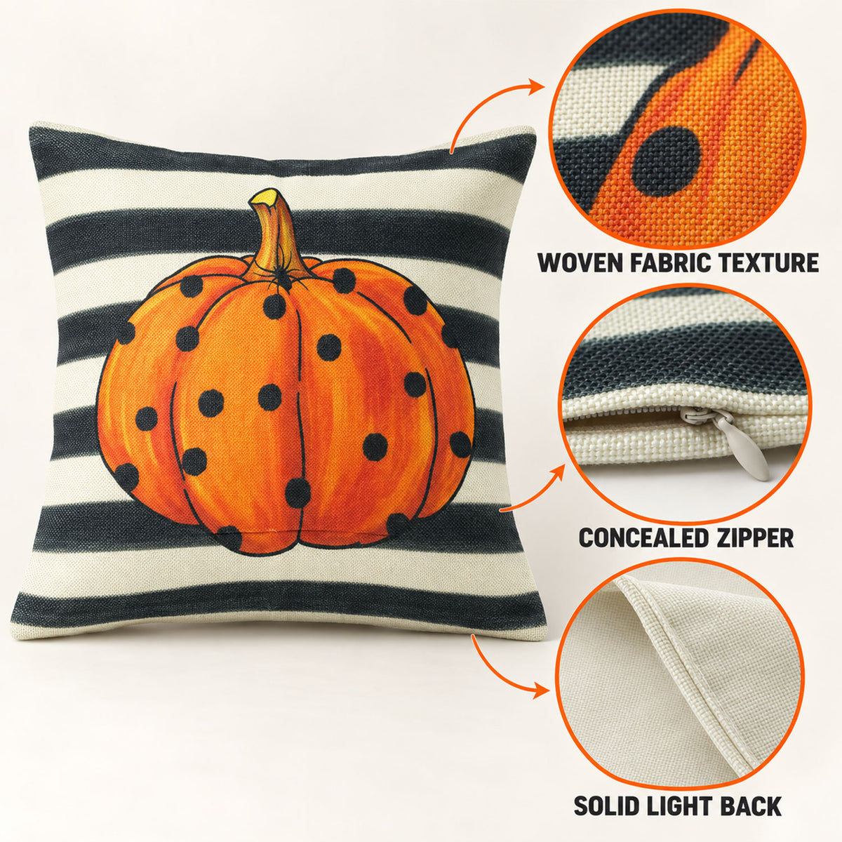 Woven fabric pumpkin print pillow cover with concealed zipper and light back
