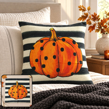 Pumpkin print woven fabric pillow cover on bed