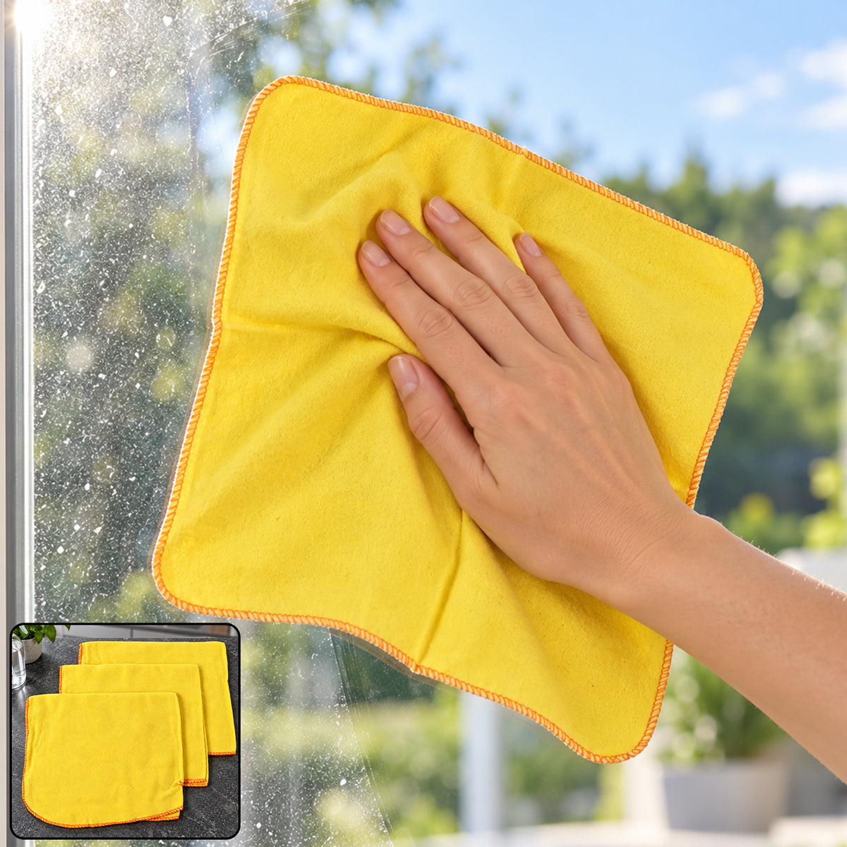 Yellow cotton duster cloth wiping a window