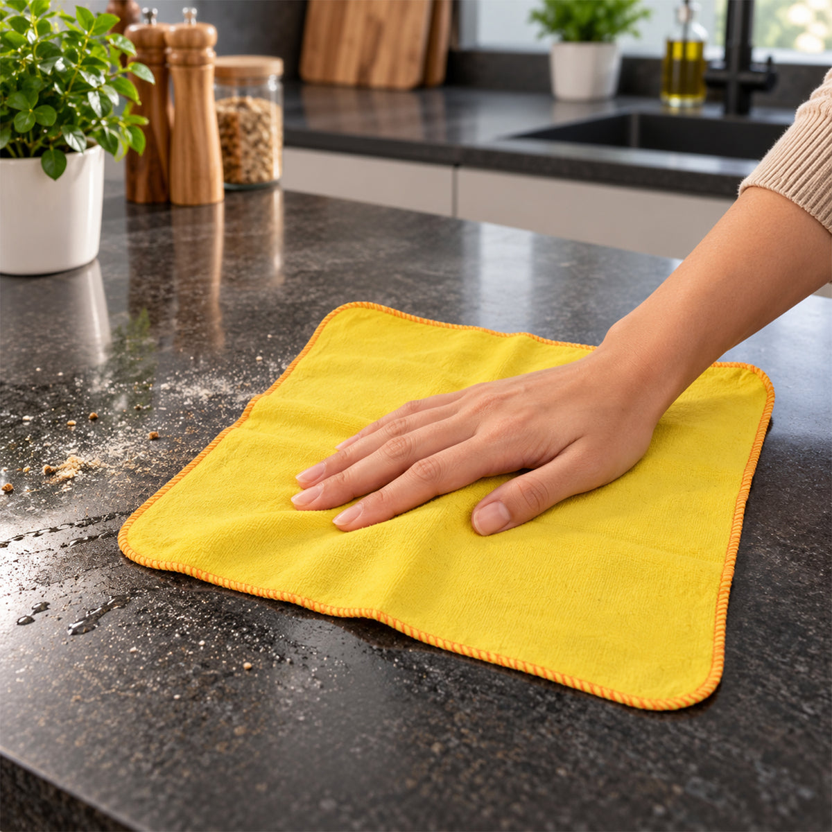 Yellow duster wiping kitchen counter