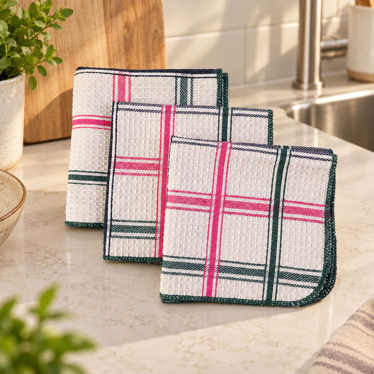 Three folded multipurpose dish cleaning cloths