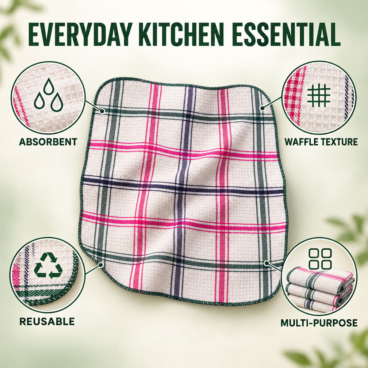 Reusable absorbent dish cloth with waffle texture