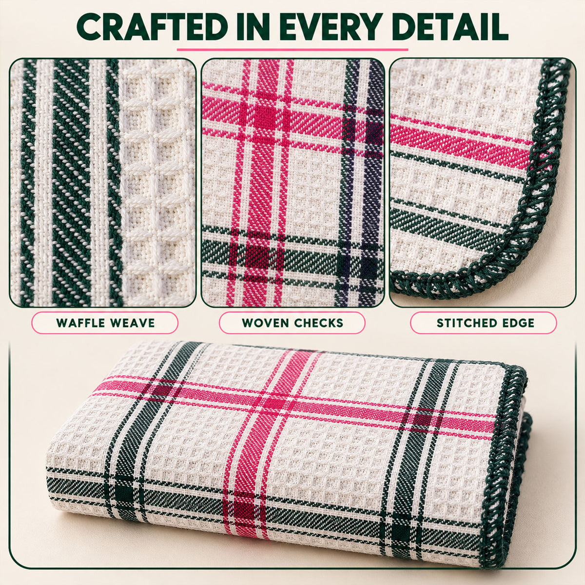 Close-up of woven checks and stitched cloth border