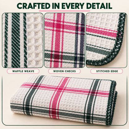 Close-up of woven checks and stitched cloth border