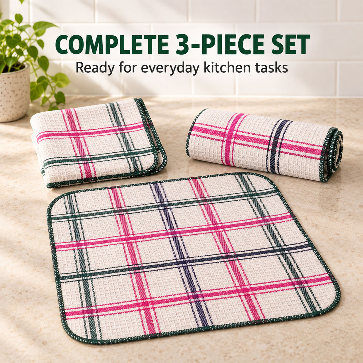 Complete three-piece dish cleaning cloth set