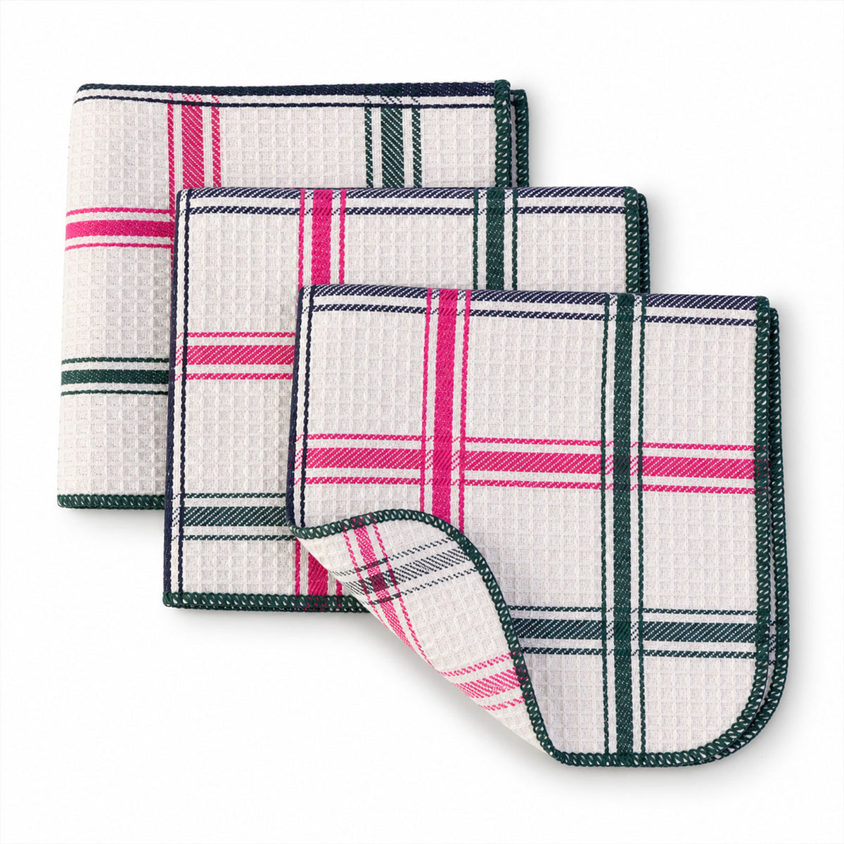 Three checked dish cloths on white background