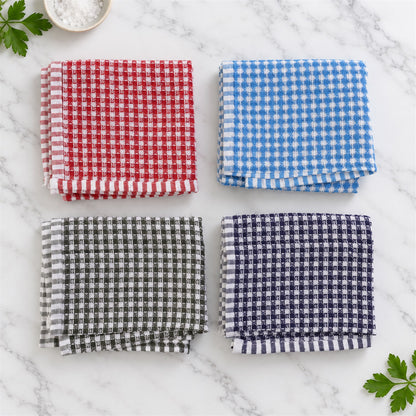 Four folded checked kitchen towels