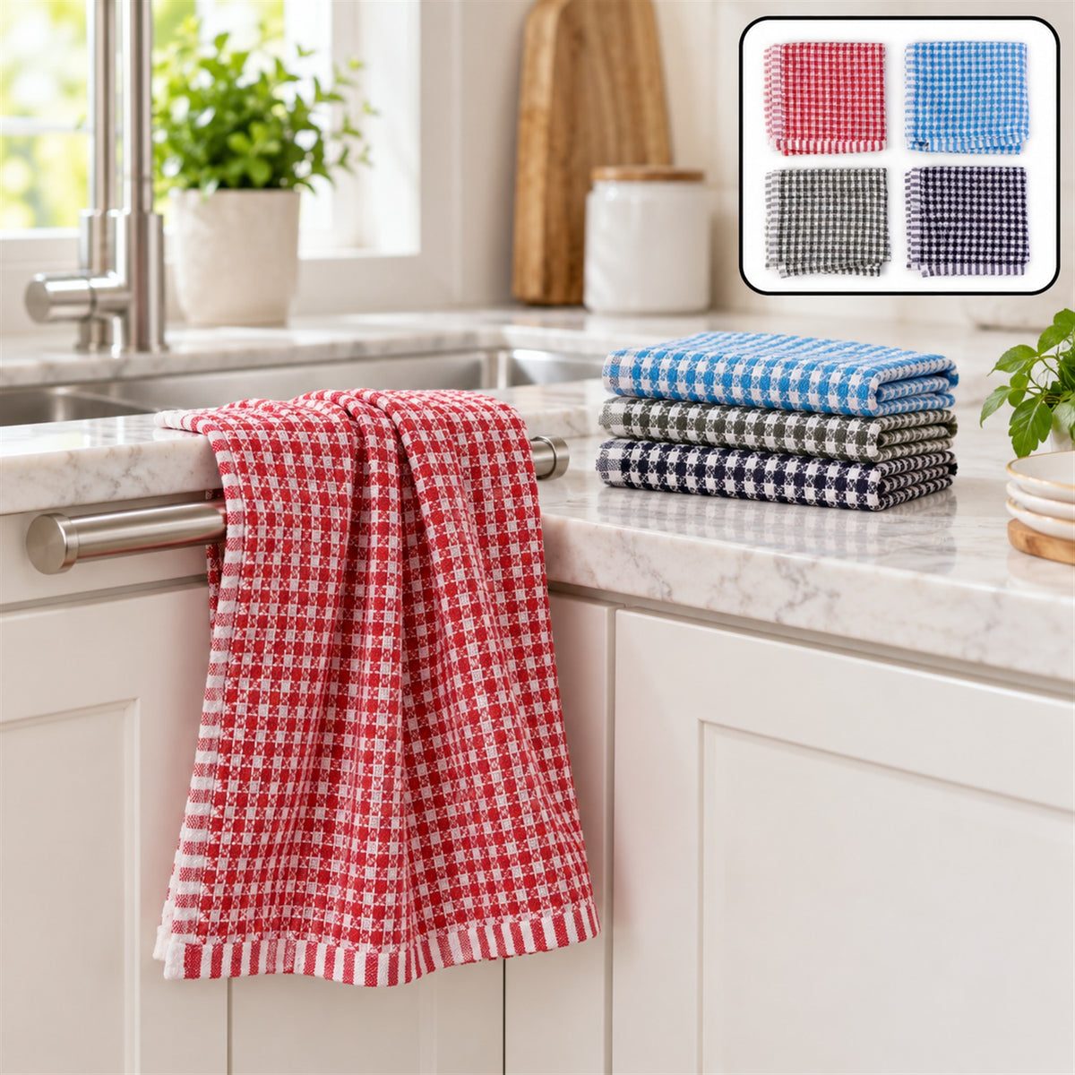 Kitchen towels stored beside a sink