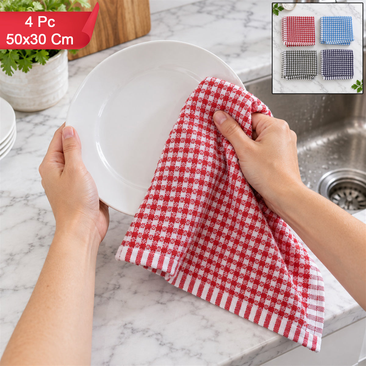 Kitchen towel set showing four pieces and dimensions
