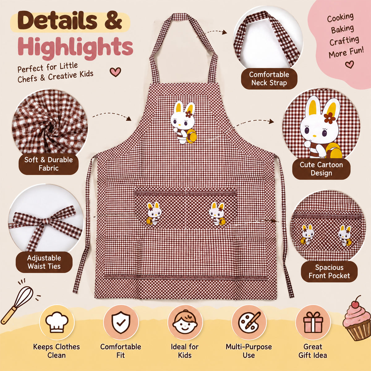 Kids cooking apron features infographic