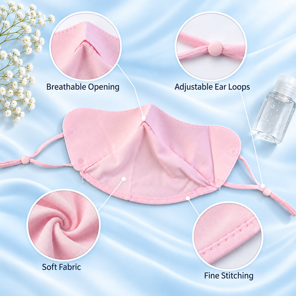 Soft fabric stitching and adjustable ear loop details