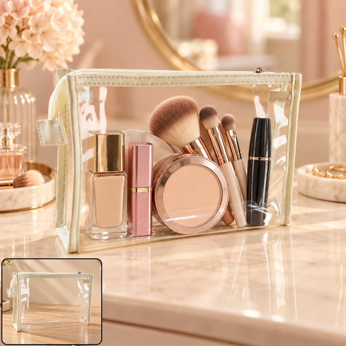 Transparent makeup pouch holding cosmetics