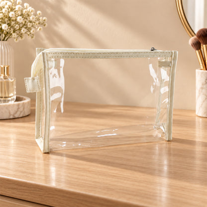 Empty clear zipper pouch on dressing table