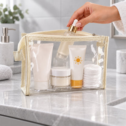 Transparent pouch used for toiletries