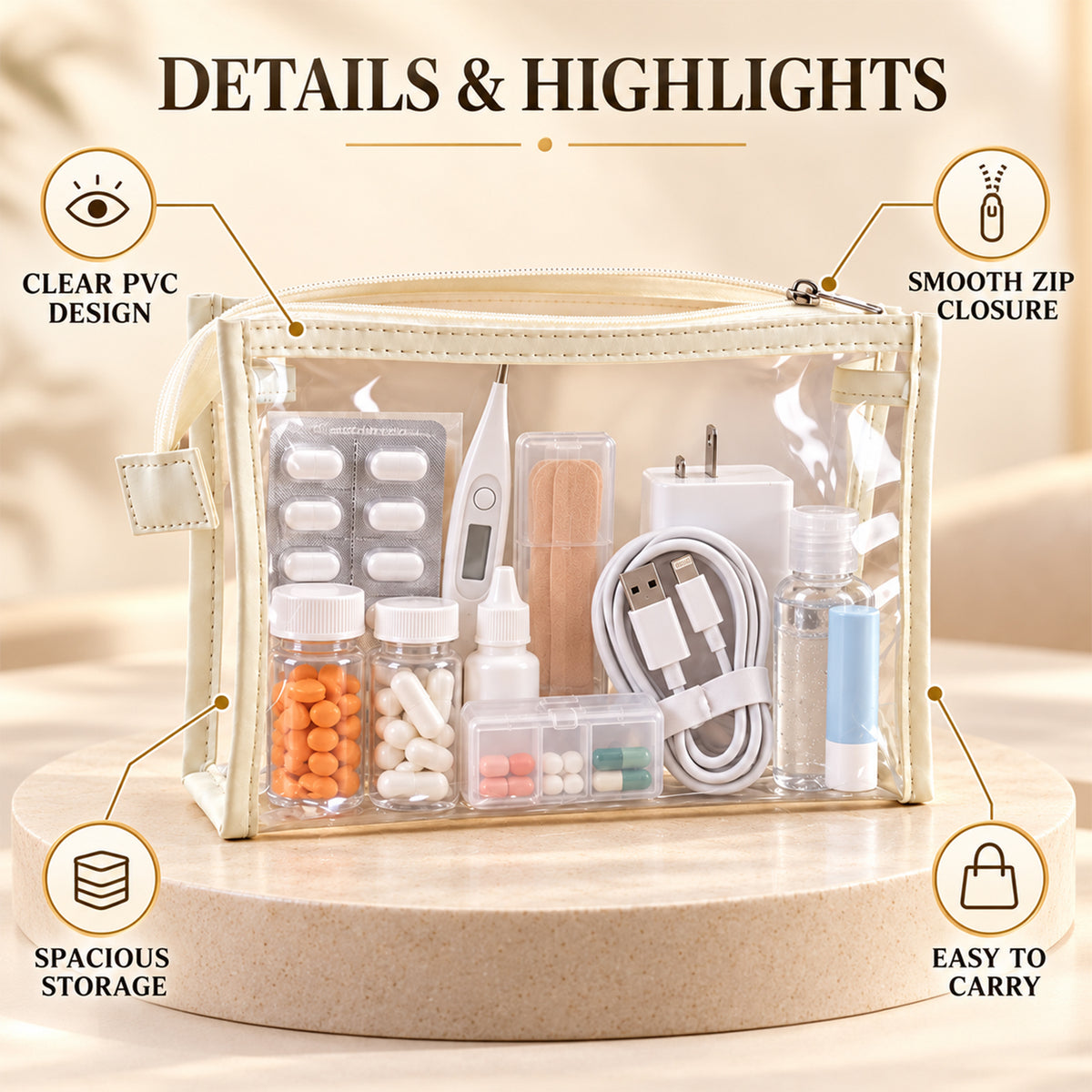 Clear PVC pouch zipper and storage details