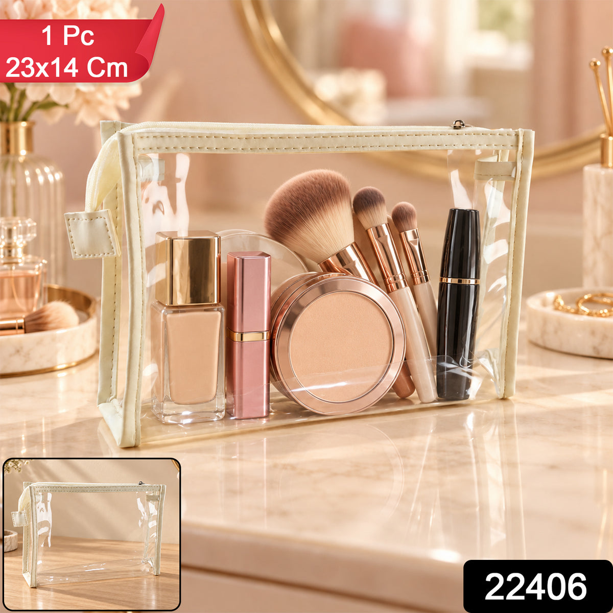 Clear pouch with product code 22406 and size label