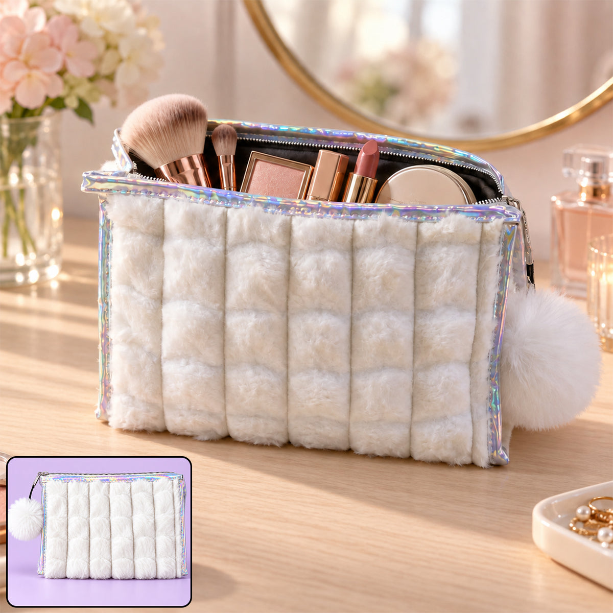 Plush cosmetic zipper pouch holding makeup