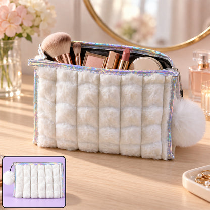Plush cosmetic zipper pouch holding makeup