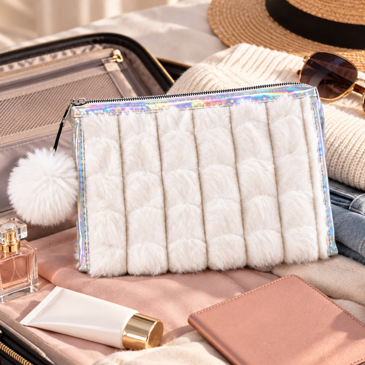 Cosmetic pouch beside travel luggage