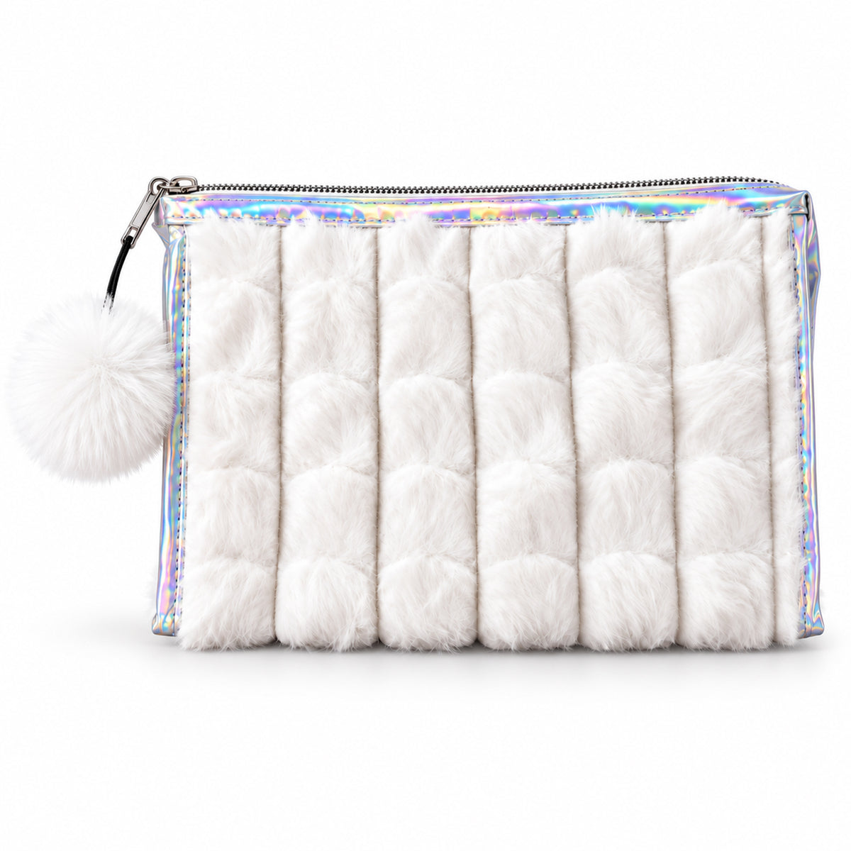 Plush cosmetic pouch on white background