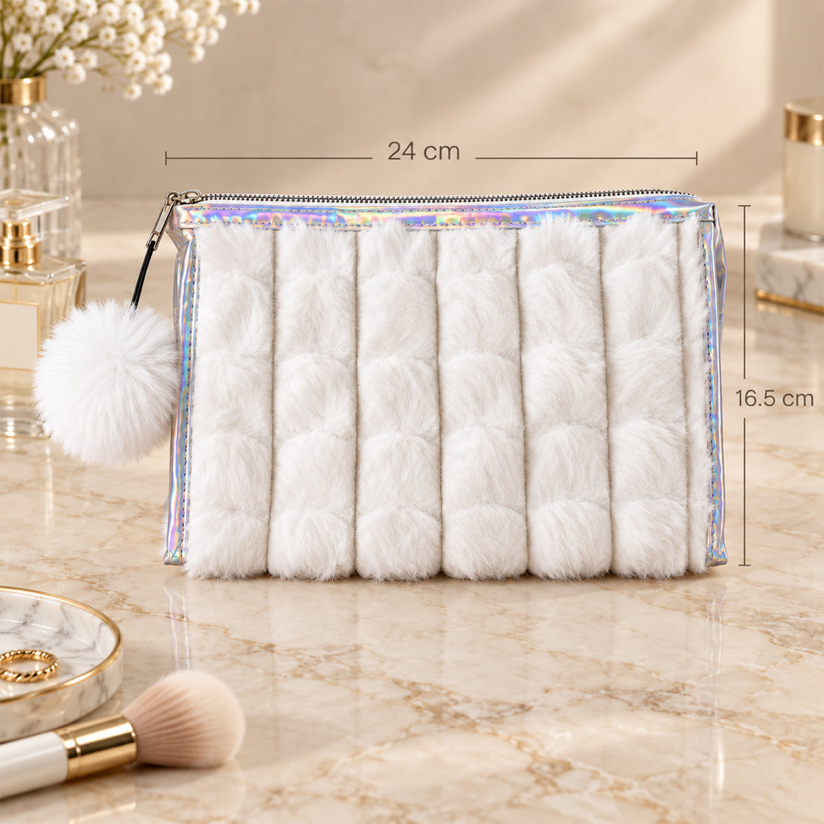 Pouch size guide showing width 24 cm and height 16.5 cm