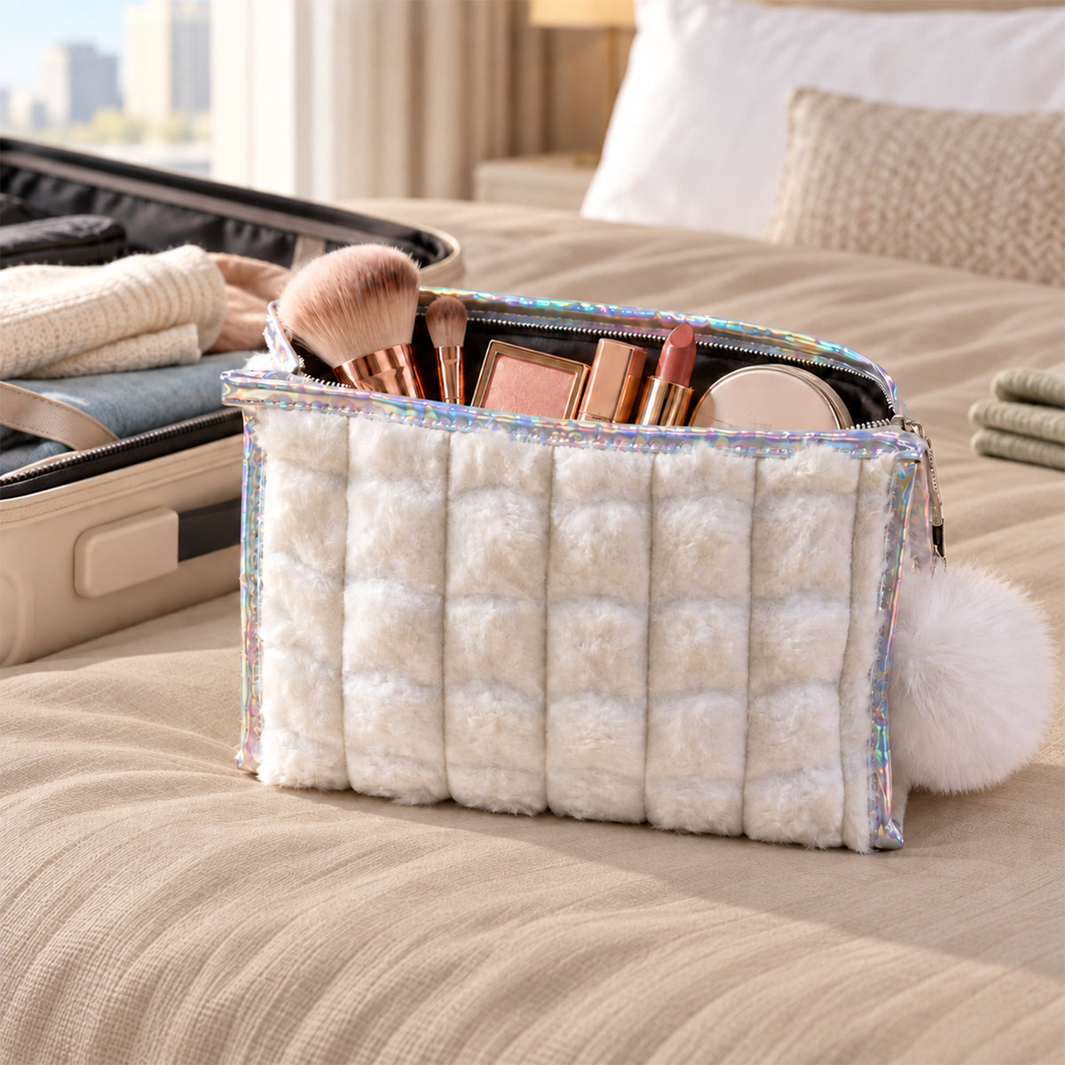 Open plush pouch with makeup accessories