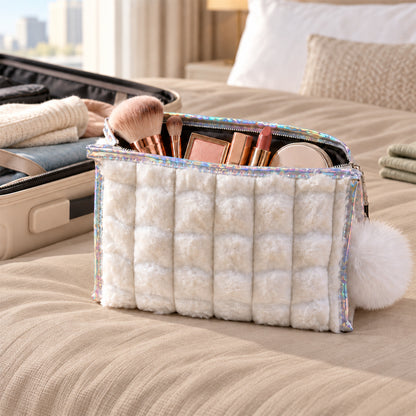 Open plush pouch with makeup accessories