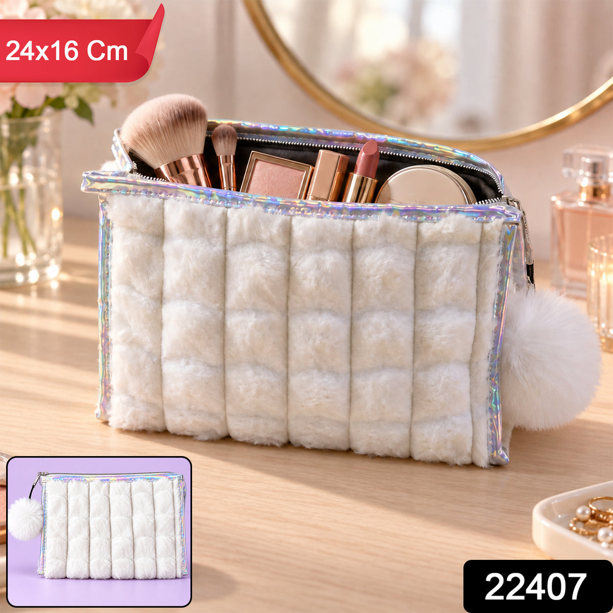 Cosmetic pouch with product code 22407 and 24x16 cm label