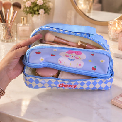 Open pouch with cosmetics
