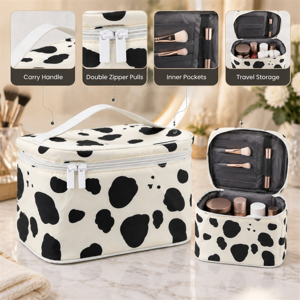 Carry handle double zipper pulls and inner pocket details
