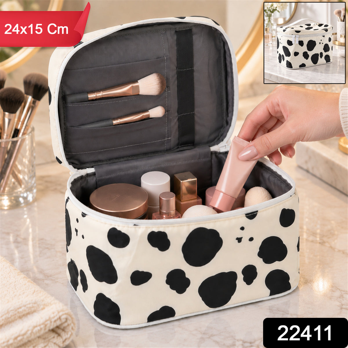 Makeup pouch with product code 22411 and 24x15 cm label