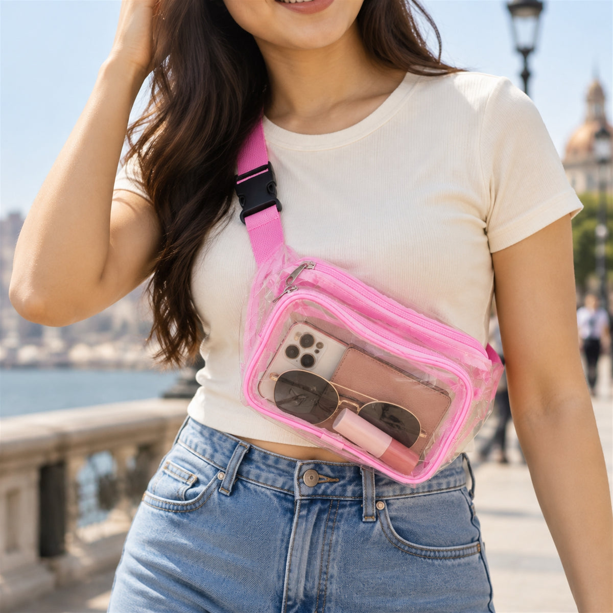 Transparent bag worn across the body