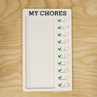 Actual photograph of My Chores sliding checklist board