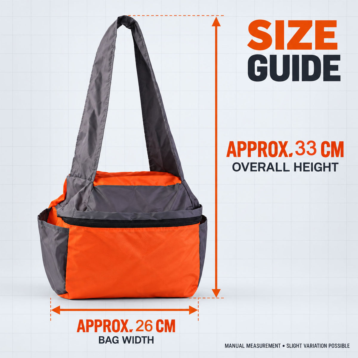 Tote size guide showing 26 cm bag width and approximately 33 cm overall height