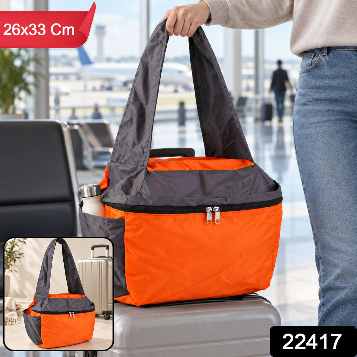 Travel tote bag with product code 22417 and 26x33 Cm label