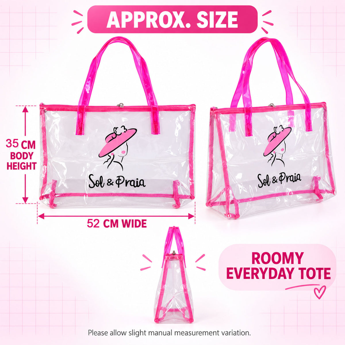 Transparent tote size guide showing 35 cm body height and 52 cm width