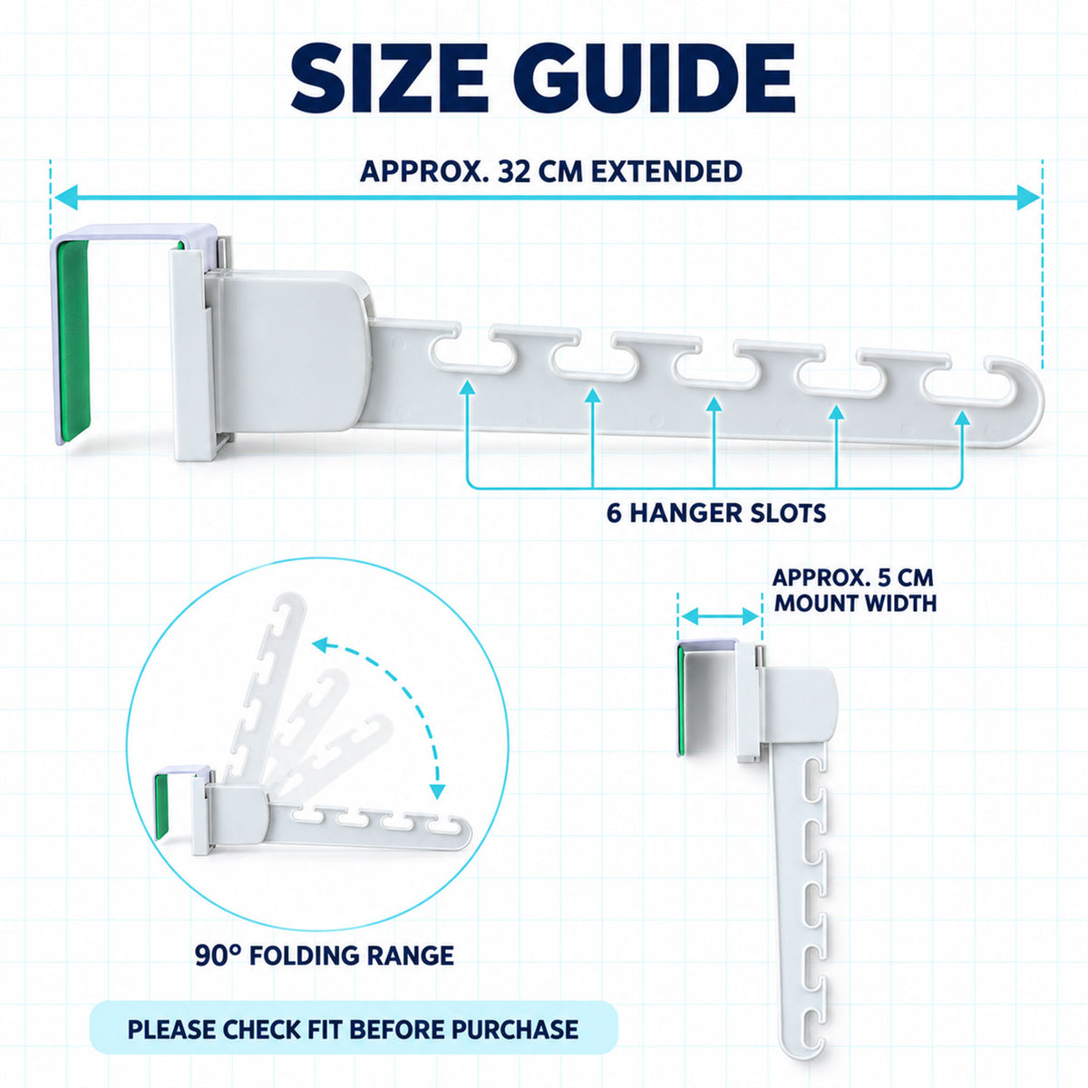 Folding hanger size guide showing approximately 32 cm extended length and 5 cm mount width