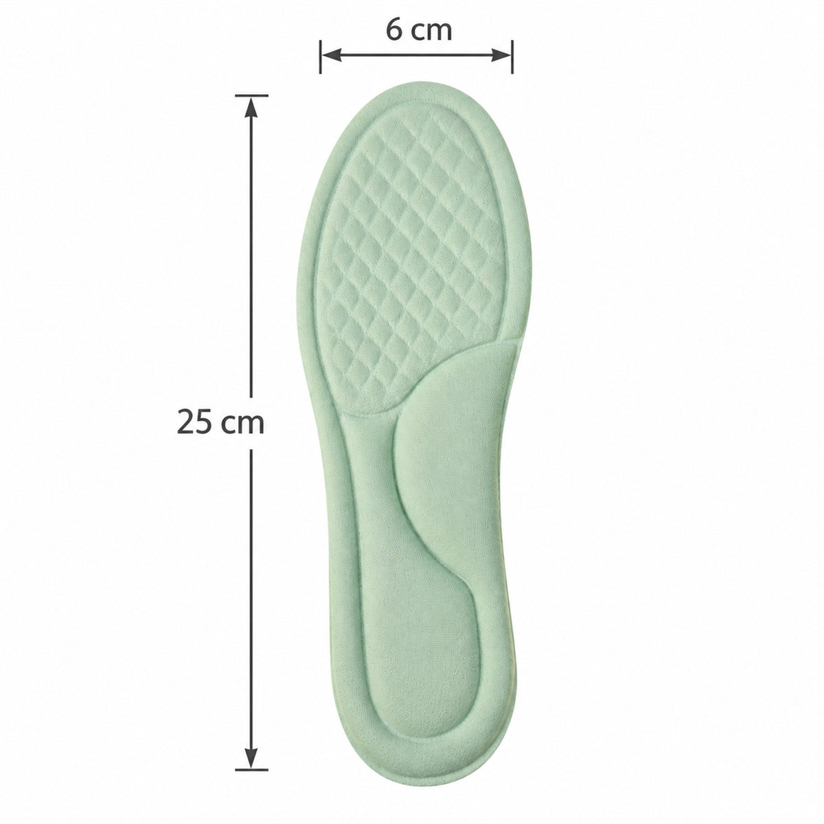 Insole size guide showing length 25 cm and width 6 cm