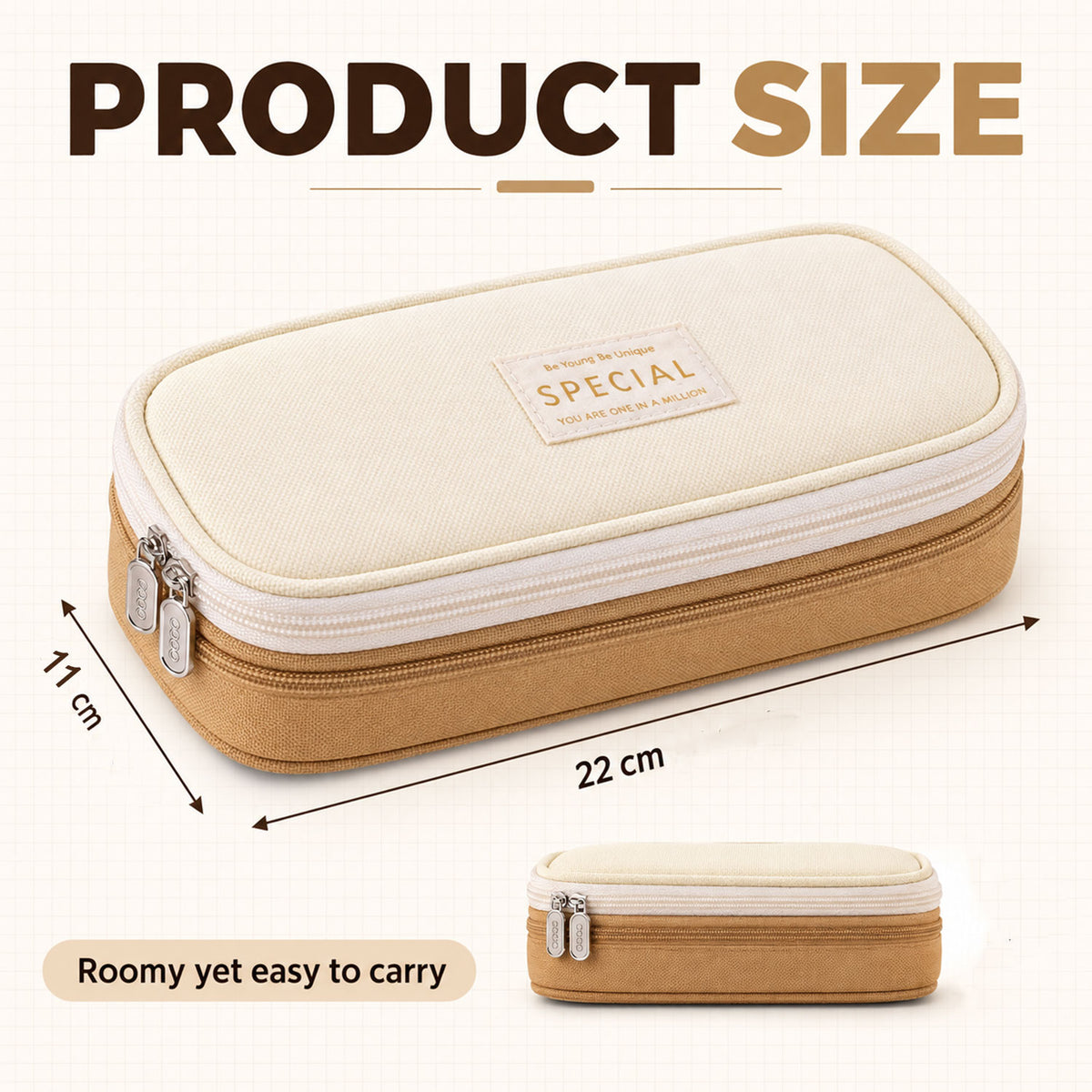 Storage pouch size guide showing 22 by 11 cm