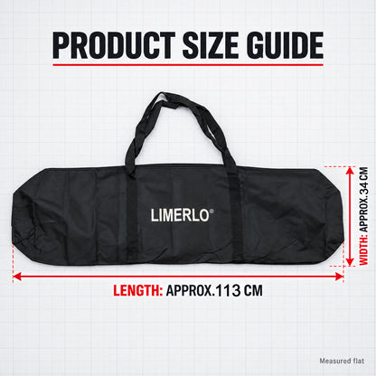 Sports kit bag size guide showing approximately 113 by 34 cm