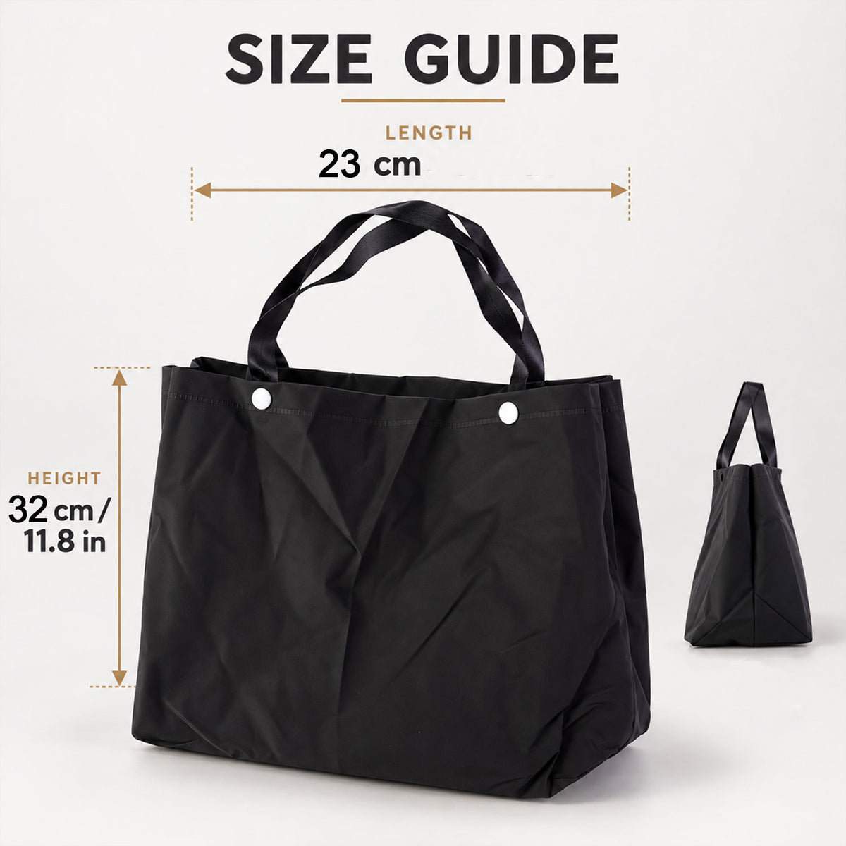 Shopping tote size guide showing 32 cm height and 23 cm width